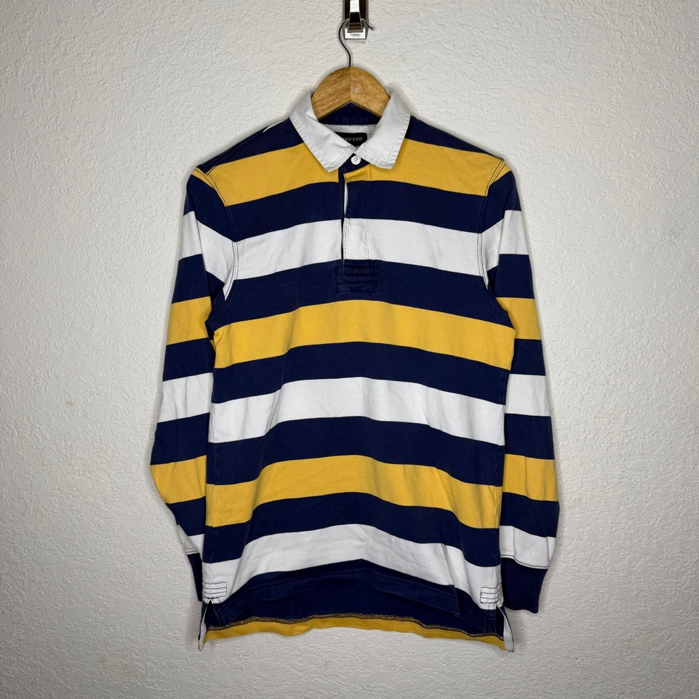 Lands End Mens Yellow White Blue Striped Longsleeve Rugby Collared Shirt S 34-36
